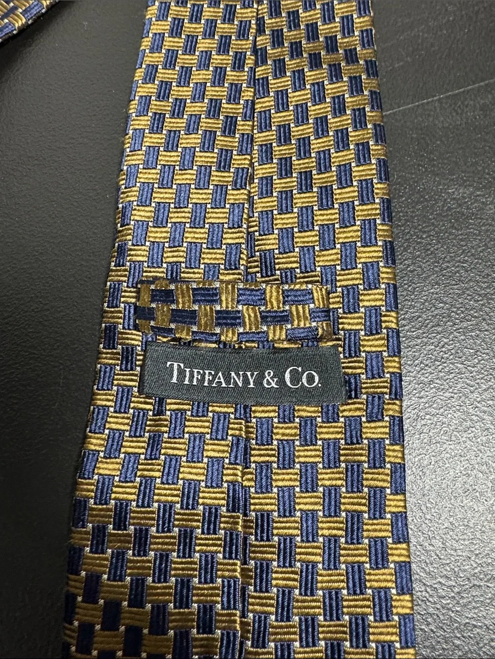 Tiffany & Co mens brown blue check jacquard 100% silk luxury neck tie EUC